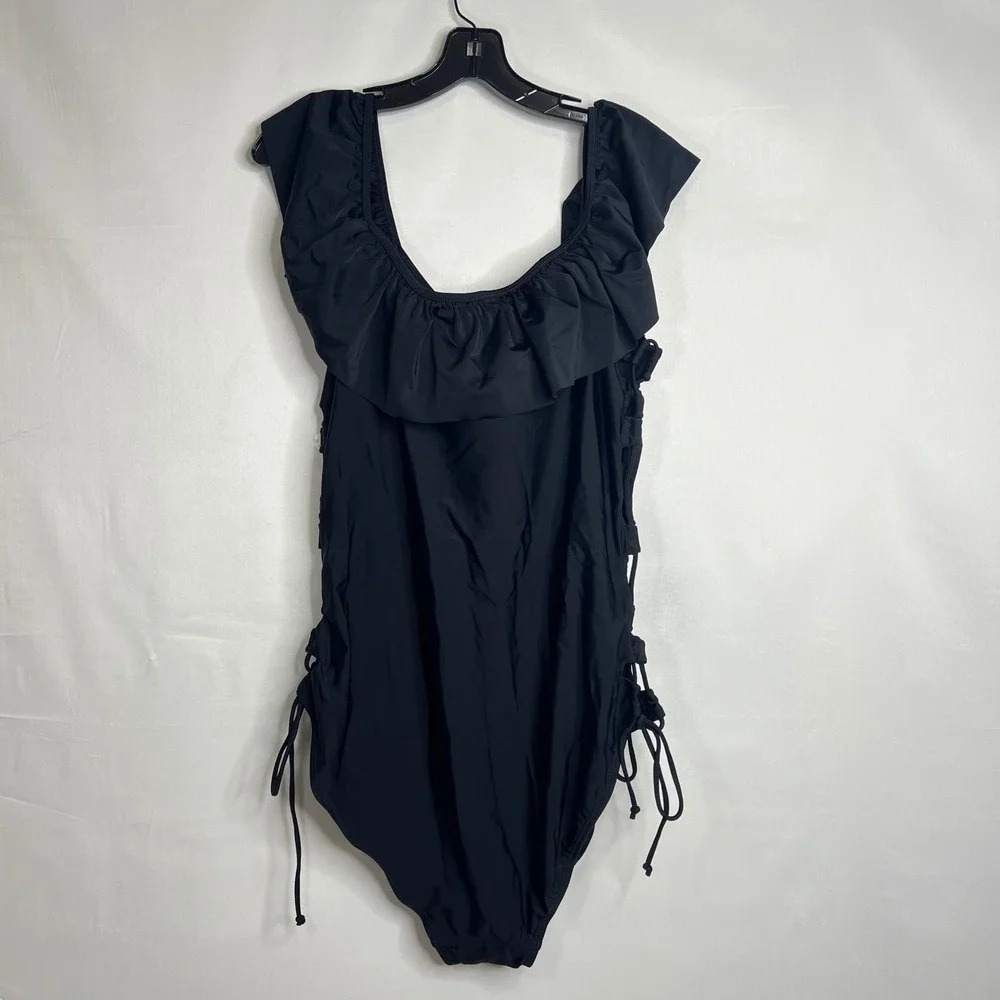 NEW Lace Up Black One Piece Swimsuit Womens 3X Ruffle Sexy Plus Size‎ Beachwear